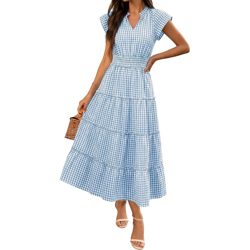 imageCaracilia Womens Summer Maxi Dresses 2026 Casual Striped Plaid Cap Sleeve Ruffle Flowy Tiered Beach Vacation Midi SundressLight Blue Plaid