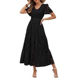 Caracilia Womens 2026 Spring Wedding Guest Maxi Dress Summer Boho Floral Short Sleeve V Neck Beach Vacation Tea Party Dresses(Black)