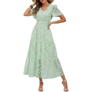 Caracilia Womens 2026 Spring Wedding Guest Maxi Dress Summer Boho Floral Short Sleeve V Neck Beach Vacation Tea Party Dresses(Light Green)