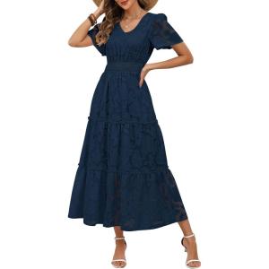 Caracilia Womens 2026 Spring Wedding Guest Maxi Dress Summer Boho Floral Short Sleeve V Neck Beach Vacation Tea Party Dresses(Navy Blue)