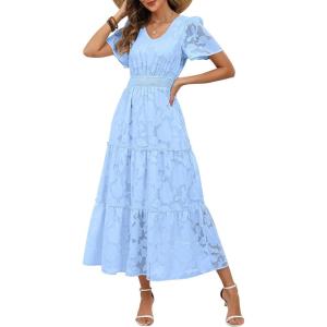 Caracilia Womens 2026 Spring Wedding Guest Maxi Dress Summer Boho Floral Short Sleeve V Neck Beach Vacation Tea Party Dresses(Sky)