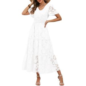Caracilia Womens 2026 Spring Wedding Guest Maxi Dress Summer Boho Floral Short Sleeve V Neck Beach Vacation Tea Party Dresses(White)