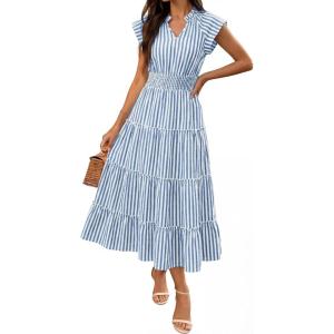Caracilia Womens Summer Maxi Dresses 2026 Casual Striped Plaid Cap Sleeve Ruffle Flowy Tiered Beach Vacation Midi Sundress(Blue White Stripe)