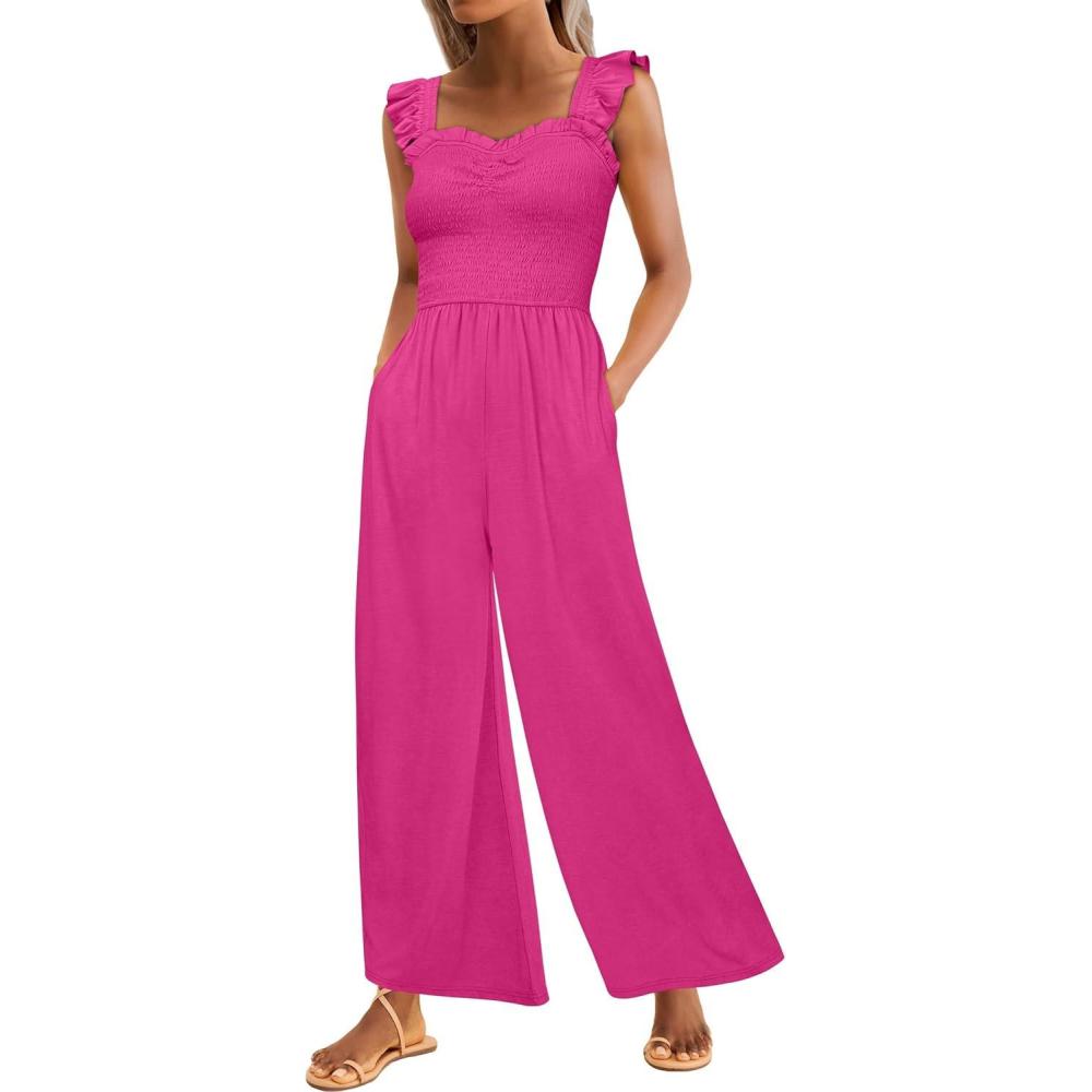imageCaracilia Jumpsuits for Women Summer Dressy Casual Smocked Sleeveless Wide Leg One Piece Romper Jumpers 2026 Vacation OutfitsHot Pink