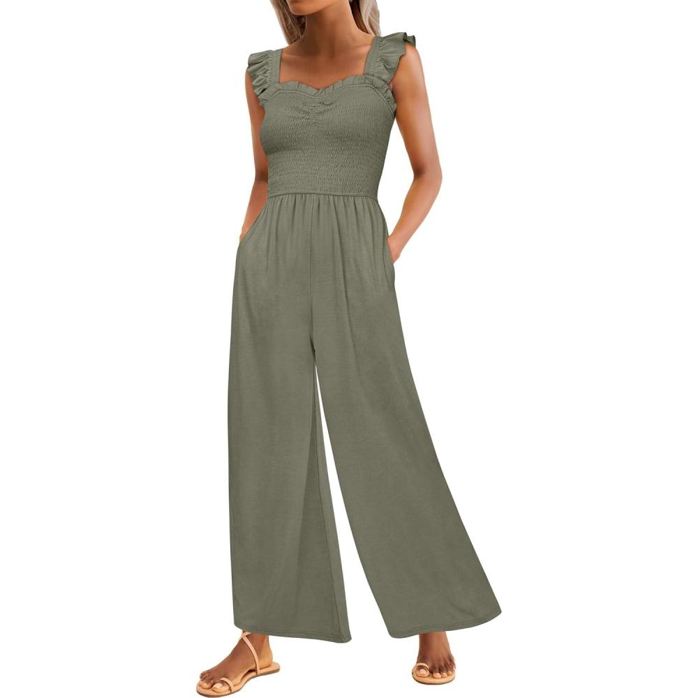 imageCaracilia Jumpsuits for Women Summer Dressy Casual Smocked Sleeveless Wide Leg One Piece Romper Jumpers 2026 Vacation OutfitsOlive