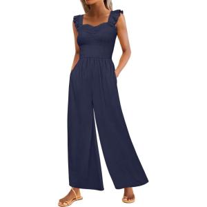 Caracilia Jumpsuits for Women Summer Dressy Casual Smocked Sleeveless Wide Leg One Piece Romper Jumpers 2026 Vacation Outfits(Deep Blue)