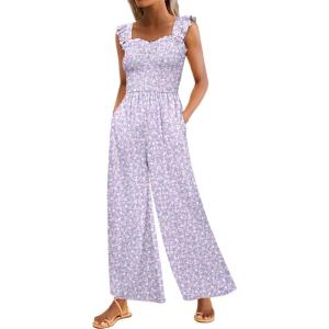 Caracilia Jumpsuits for Women Summer Dressy Casual Smocked Sleeveless Wide Leg One Piece Romper Jumpers 2026 Vacation Outfits(Light Purple Floral)