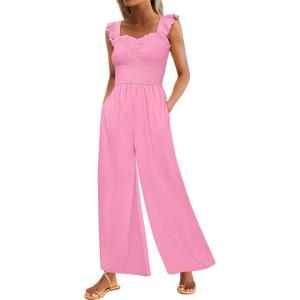 Caracilia Jumpsuits for Women Summer Dressy Casual Smocked Sleeveless Wide Leg One Piece Romper Jumpers 2026 Vacation Outfits(Peach)