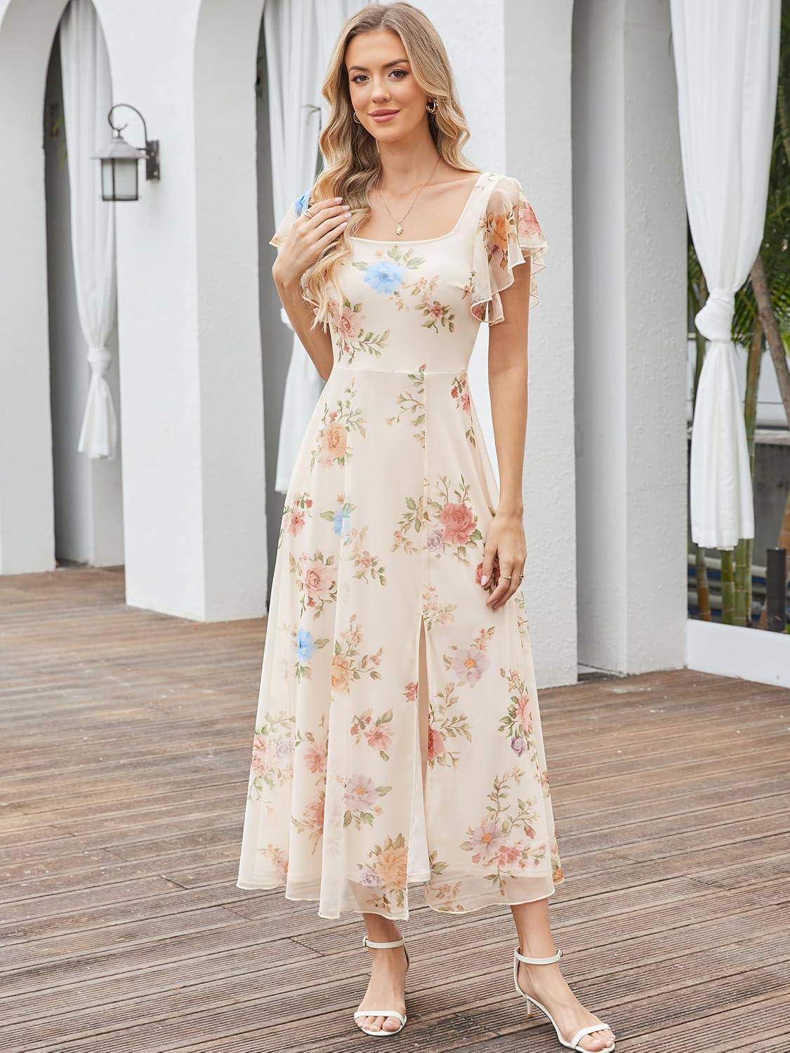 imageCaracilia Women Square Neck Floral Tulle Wedding Guest Bridemaid Dresses Summer Ruffle Sleeve High Slit Formal Midi DressMulticolored Rose Apricot