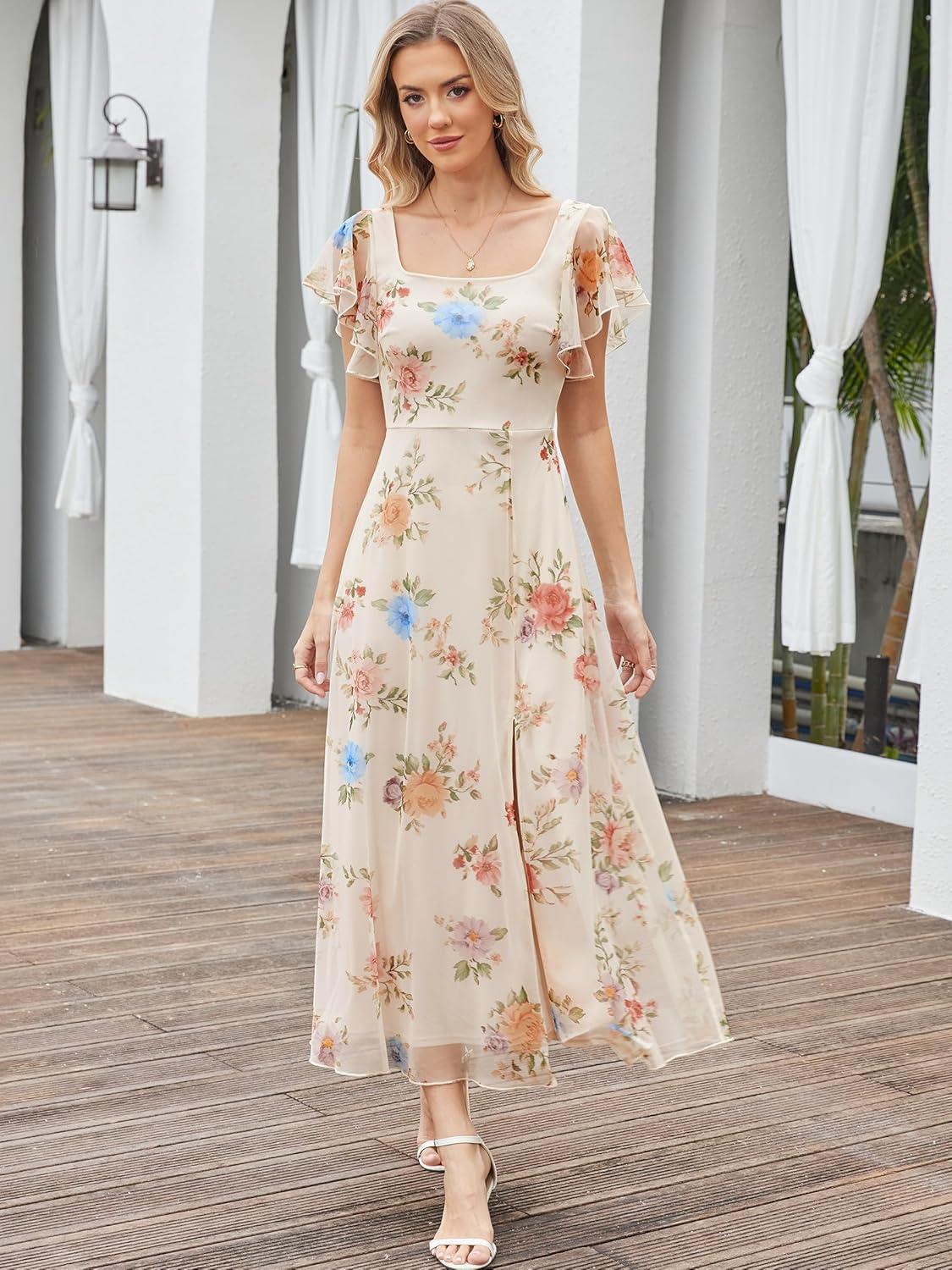 imageCaracilia Women Square Neck Floral Tulle Wedding Guest Bridemaid Dresses Summer Ruffle Sleeve High Slit Formal Midi DressMulticolored Rose Apricot