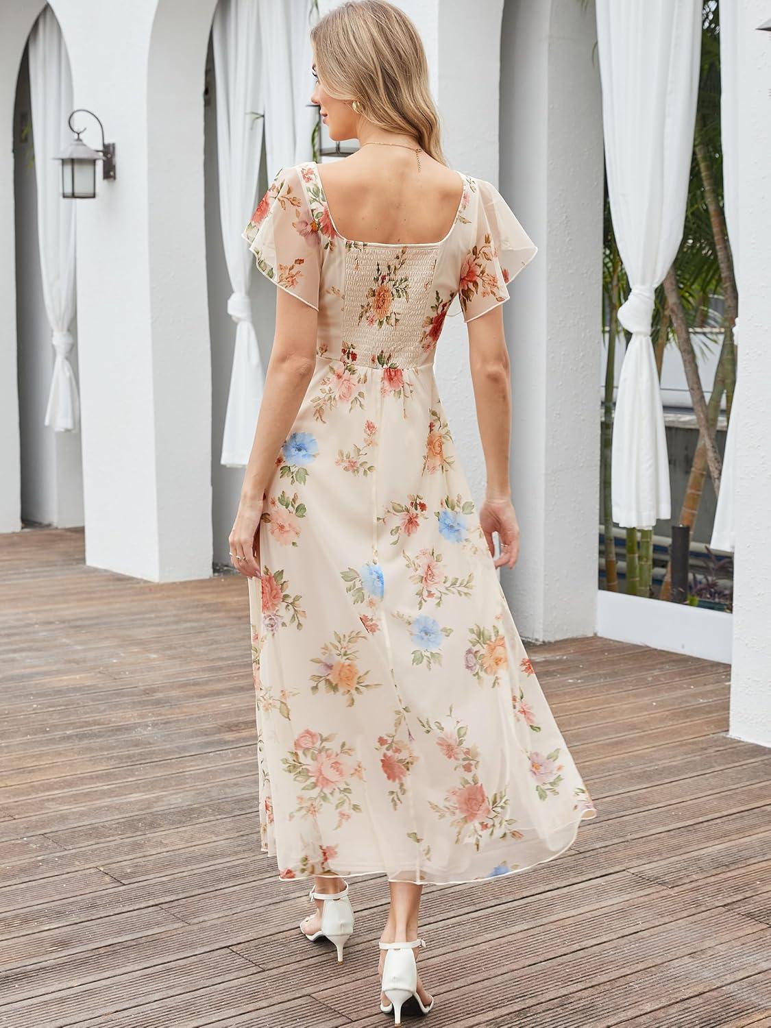 imageCaracilia Women Square Neck Floral Tulle Wedding Guest Bridemaid Dresses Summer Ruffle Sleeve High Slit Formal Midi DressMulticolored Rose Apricot