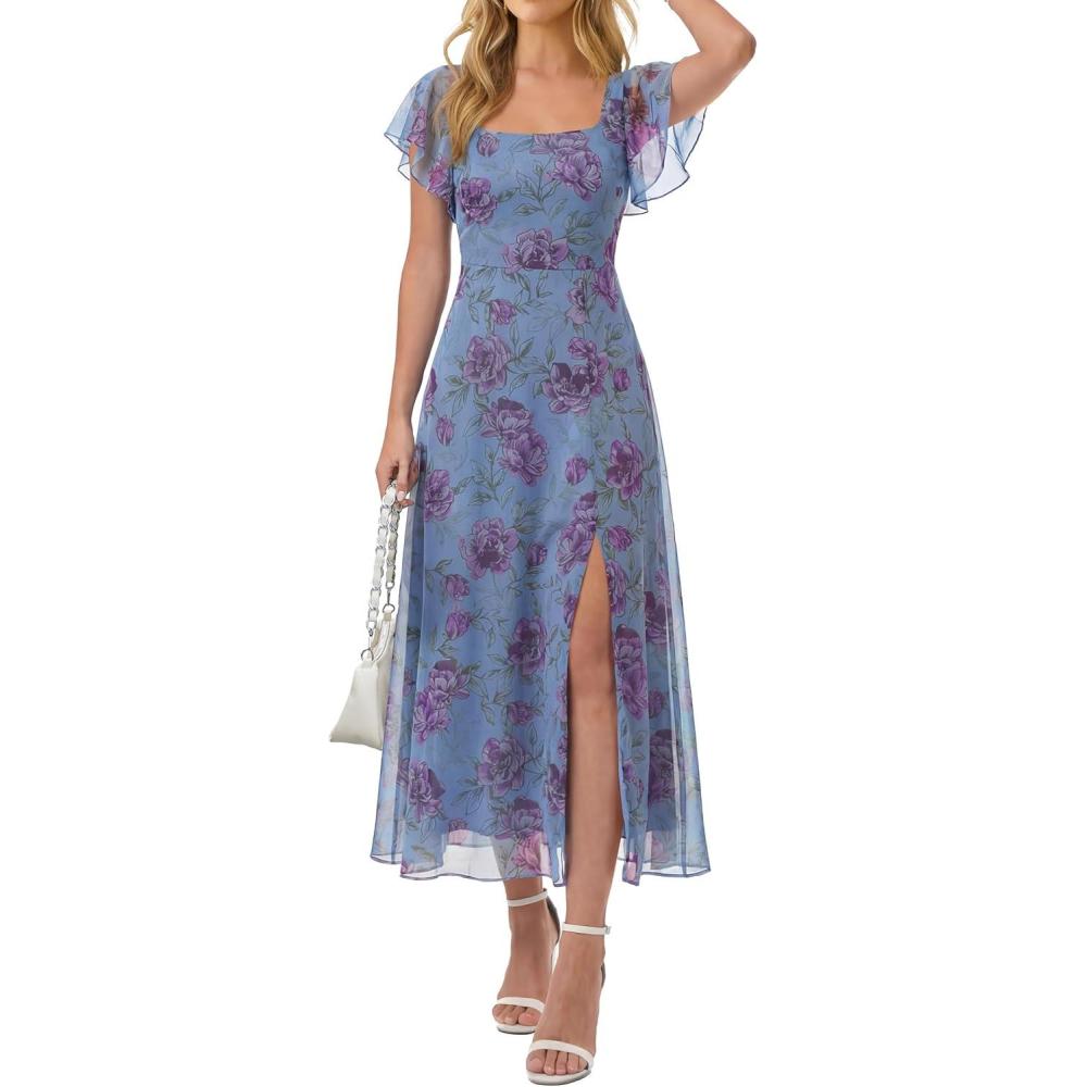 imageCaracilia Women Square Neck Floral Tulle Wedding Guest Bridemaid Dresses Summer Ruffle Sleeve High Slit Formal Midi DressPurple Floral Blue