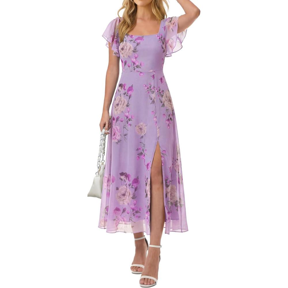 imageCaracilia Women Square Neck Floral Tulle Wedding Guest Bridemaid Dresses Summer Ruffle Sleeve High Slit Formal Midi DressPurple Rose