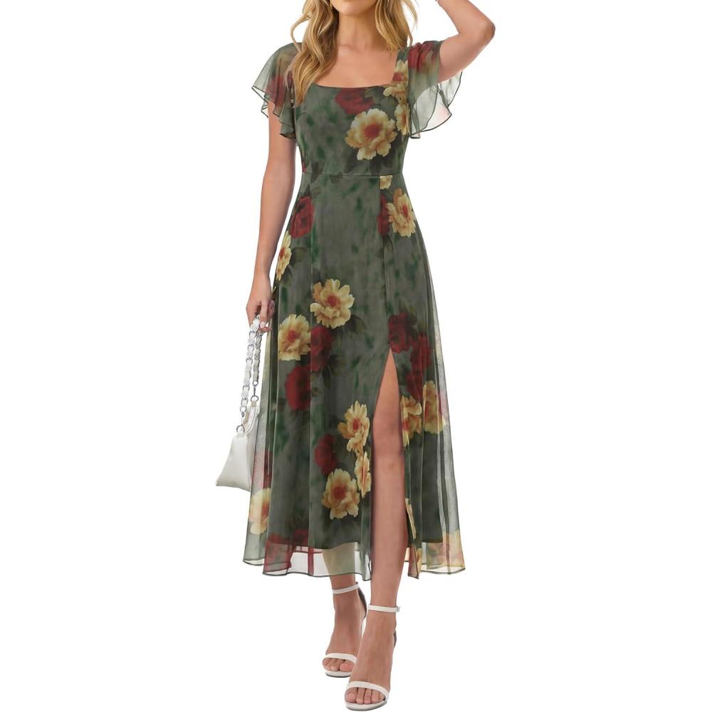 imageCaracilia Women Square Neck Floral Tulle Wedding Guest Bridemaid Dresses Summer Ruffle Sleeve High Slit Formal Midi DressRed Yellow Rose