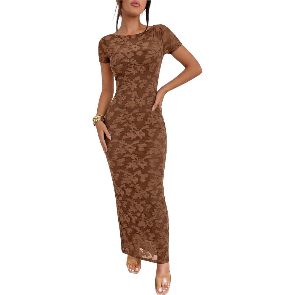 imageCaracilia Womens Summer Bodycon Formal Maxi Dress 2026 Short Sleeve Mesh Wedding Guest Cocktail Party Spring Long DressesBrown Floral