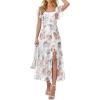 imageCaracilia Women Square Neck Floral Tulle Wedding Guest Bridemaid Dresses Summer Ruffle Sleeve High Slit Formal Midi DressPink Peony White
