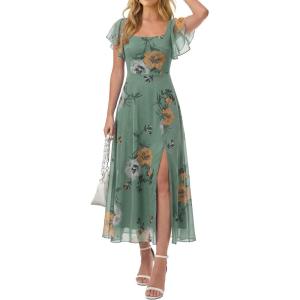 Caracilia Women Square Neck Floral Tulle Wedding Guest Bridemaid Dresses Summer Ruffle Sleeve High Slit Formal Midi Dress(Dusty Olive Floral)