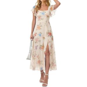 Caracilia Women Square Neck Floral Tulle Wedding Guest Bridemaid Dresses Summer Ruffle Sleeve High Slit Formal Midi Dress(Multicolored Rose Apricot)