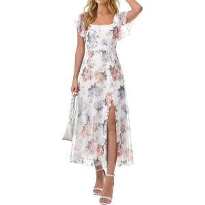 Caracilia Women Square Neck Floral Tulle Wedding Guest Bridemaid Dresses Summer Ruffle Sleeve High Slit Formal Midi Dress(Pink Peony White)