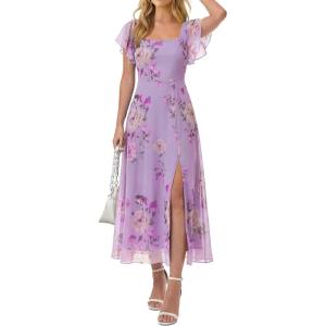 Caracilia Women Square Neck Floral Tulle Wedding Guest Bridemaid Dresses Summer Ruffle Sleeve High Slit Formal Midi Dress(Purple Rose)