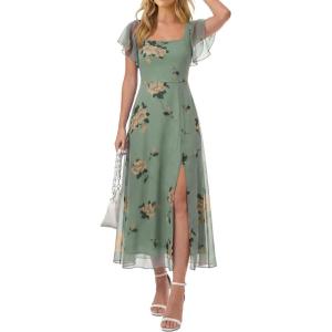 Caracilia Women Square Neck Floral Tulle Wedding Guest Bridemaid Dresses Summer Ruffle Sleeve High Slit Formal Midi Dress(Yellow Floral Green)