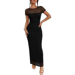 Caracilia Women’s Summer Bodycon Formal Maxi Dress 2026 Short Sleeve Mesh Wedding Guest Cocktail Party Spring Long Dresses(Black)