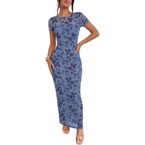 Caracilia Women’s Summer Bodycon Formal Maxi Dress 2026 Short Sleeve Mesh Wedding Guest Cocktail Party Spring Long Dresses(Blue Floral)
