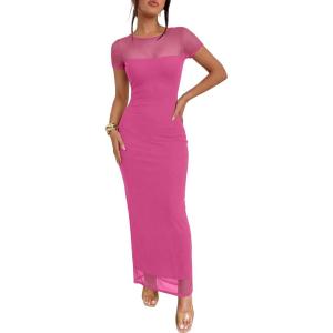 Caracilia Women’s Summer Bodycon Formal Maxi Dress 2026 Short Sleeve Mesh Wedding Guest Cocktail Party Spring Long Dresses(Hot Pink)