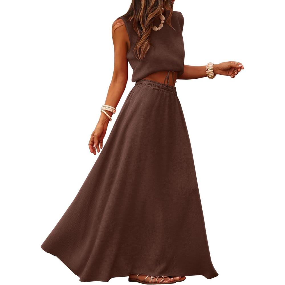 imageCaracilia Womens 2 Piece Maxi Skirt Sets 2026 Summer Casual Cropped Tank Top High Waisted Long Skirts Beach Vacation ClothesCoffee