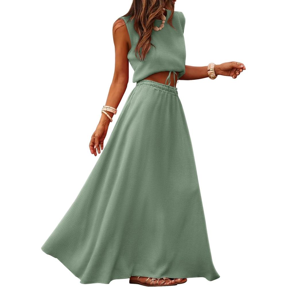 imageCaracilia Womens 2 Piece Maxi Skirt Sets 2026 Summer Casual Cropped Tank Top High Waisted Long Skirts Beach Vacation ClothesLight Green