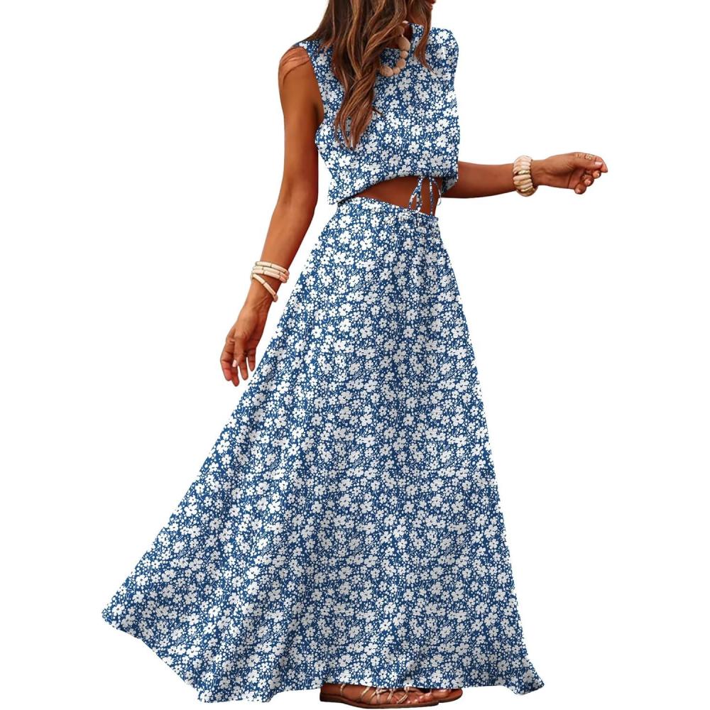 imageCaracilia Womens 2 Piece Maxi Skirt Sets 2026 Summer Casual Cropped Tank Top High Waisted Long Skirts Beach Vacation ClothesNavy Blue White Floral