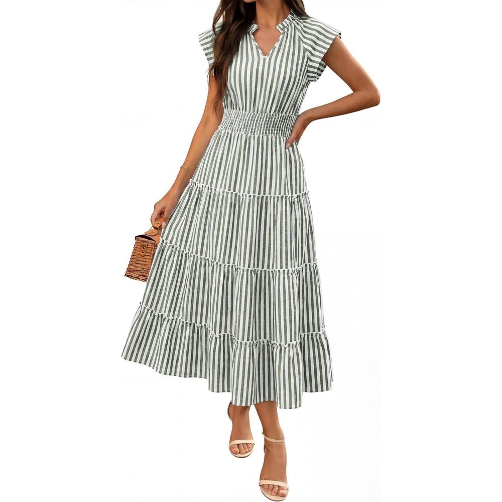 imageCaracilia Womens Summer Maxi Dresses Gingham Cap Sleeve A Line Dress Casual Flowy Tiered Midi Sundress Beach Vacation ClothesGreen White Stripe