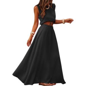 Caracilia Women’s 2 Piece Maxi Skirt Sets 2026 Summer Casual Cropped Tank Top High Waisted Long Skirts Beach Vacation Clothes(Black)