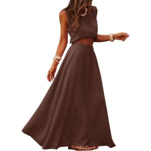 Caracilia Women’s 2 Piece Maxi Skirt Sets 2026 Summer Casual Cropped Tank Top High Waisted Long Skirts Beach Vacation Clothes(Coffee)
