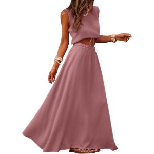 Caracilia Women’s 2 Piece Maxi Skirt Sets 2026 Summer Casual Cropped Tank Top High Waisted Long Skirts Beach Vacation Clothes(Dusty Rose)