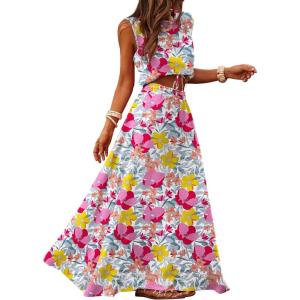 Caracilia Women’s 2 Piece Maxi Skirt Sets 2026 Summer Casual Cropped Tank Top High Waisted Long Skirts Beach Vacation Clothes(Multicolour Floral)