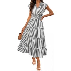 Caracilia Womens Summer Maxi Dresses Gingham Cap Sleeve A Line Dress Casual Flowy Tiered Midi Sundress Beach Vacation Clothes(Black White Stripe)