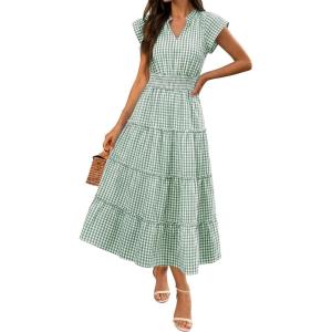 Caracilia Womens Summer Maxi Dresses Gingham Cap Sleeve A Line Dress Casual Flowy Tiered Midi Sundress Beach Vacation Clothes(Green Plaid)