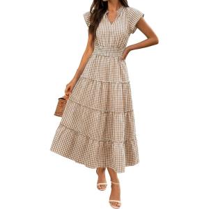 Caracilia Womens Summer Maxi Dresses Gingham Cap Sleeve A Line Dress Casual Flowy Tiered Midi Sundress Beach Vacation Clothes(Light Brown Plaid)