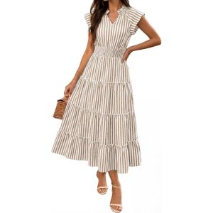 Caracilia Womens Summer Maxi Dresses Gingham Cap Sleeve A Line Dress Casual Flowy Tiered Midi Sundress Beach Vacation Clothes(Light Brown White Stripe)