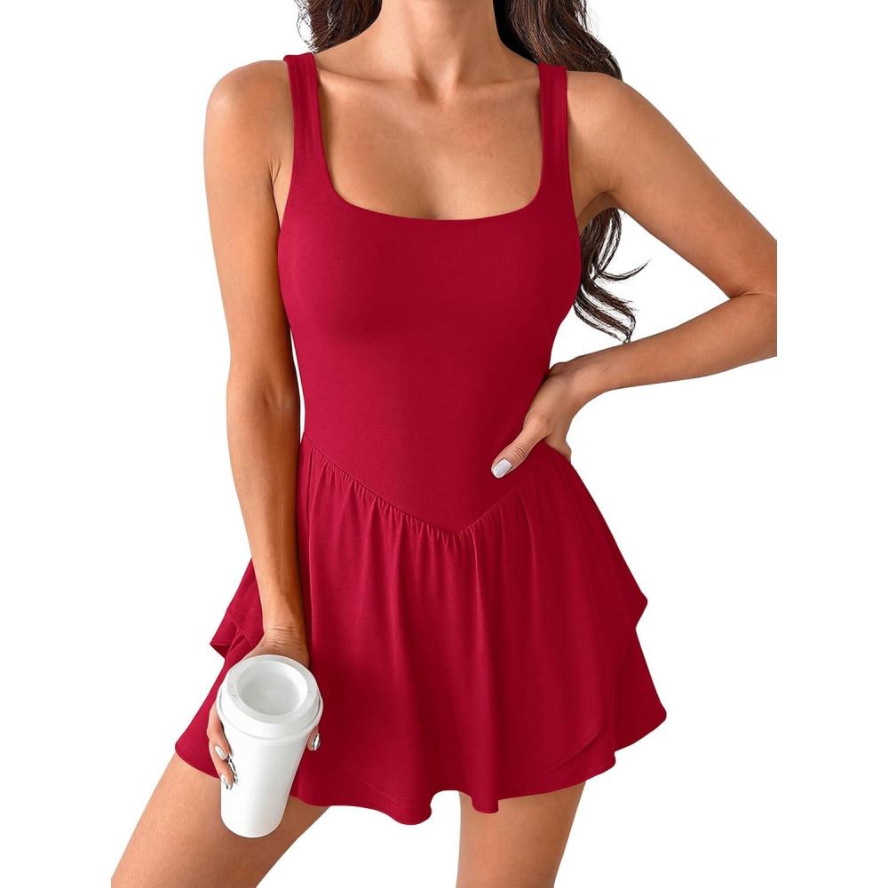 imageCaracilia Womens Tennis Dress Square Neck Built in Shorts and Bra Workout Athletic Golf Ruffle Hem Mini Dresses with PocketsRed