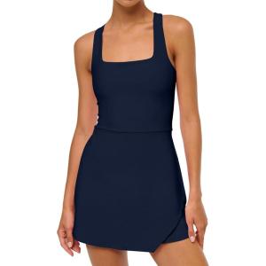 Caracilia Women Tennis Dress with Built in Shorts Summer 2026 Square Neck Sleeveless Athletic Golf Mini Dress Workout Outfits(Dark Blue)