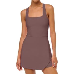 Caracilia Women Tennis Dress with Built in Shorts Summer 2026 Square Neck Sleeveless Athletic Golf Mini Dress Workout Outfits(Dark Mauve)