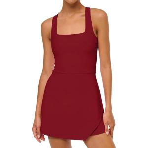 Caracilia Women Tennis Dress with Built in Shorts Summer 2026 Square Neck Sleeveless Athletic Golf Mini Dress Workout Outfits(Dark Red)