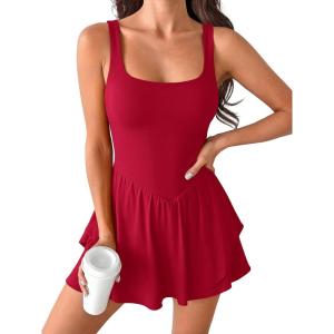 Caracilia Womens Tennis Dress Square Neck Built in Shorts and Bra Workout Athletic Golf Ruffle Hem Mini Dresses with Pockets(Red)