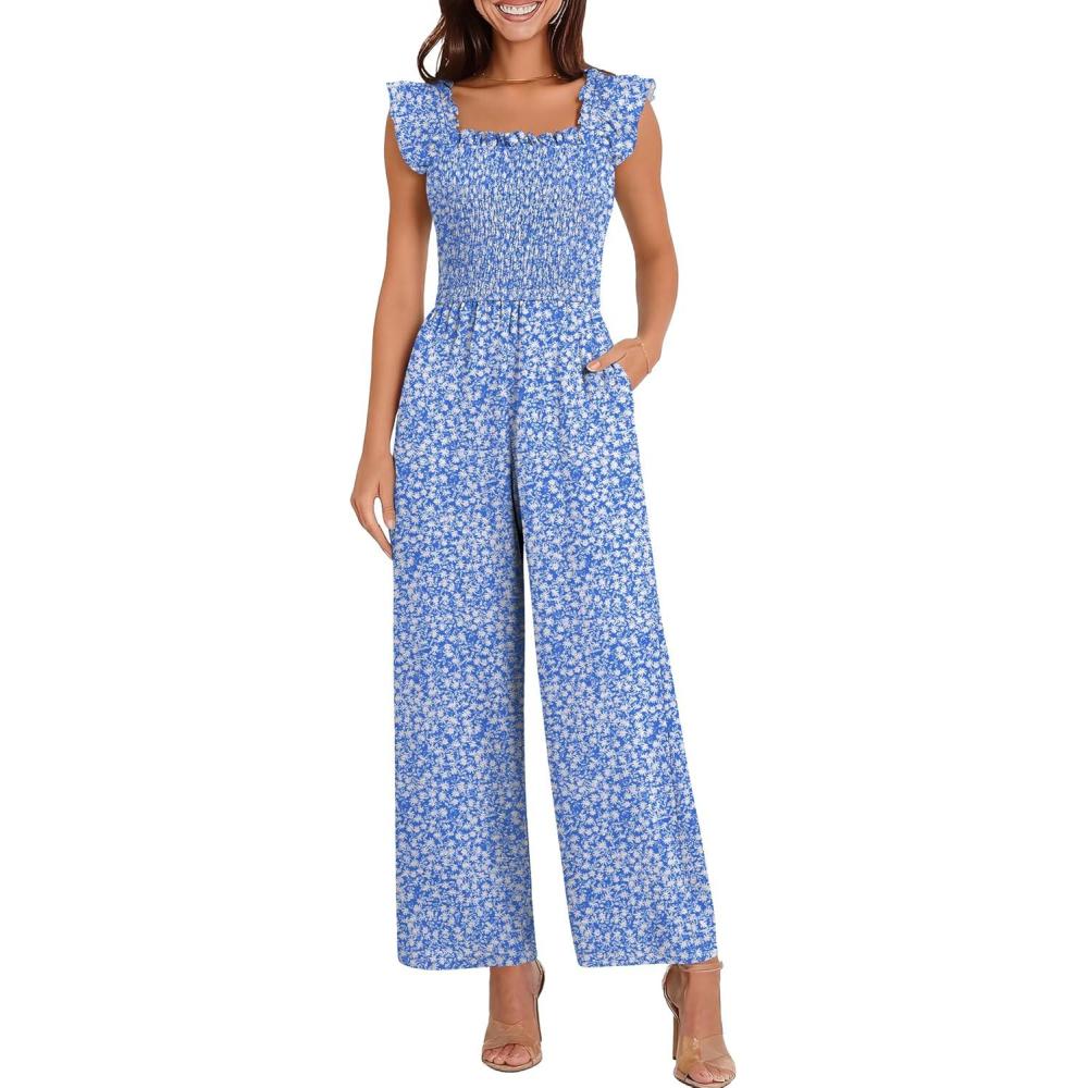 imageCaracilia Jumpsuits for Women Dressy Casual Smocked Ruffle Cap Sleeve Rompers 2026 One Piece Summer Outfits with PocketsBlue White Floral