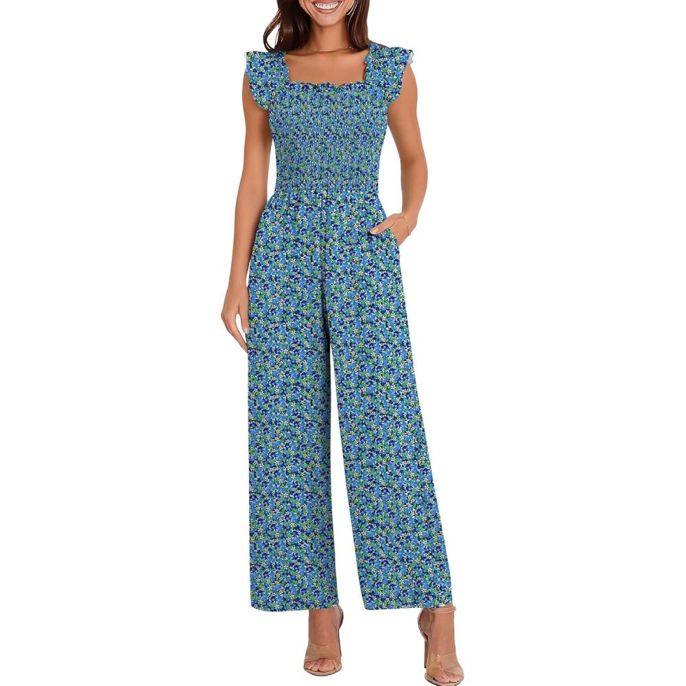 imageCaracilia Jumpsuits for Women Dressy Casual Smocked Ruffle Cap Sleeve Rompers 2026 One Piece Summer Outfits with PocketsBlue White Green Floral