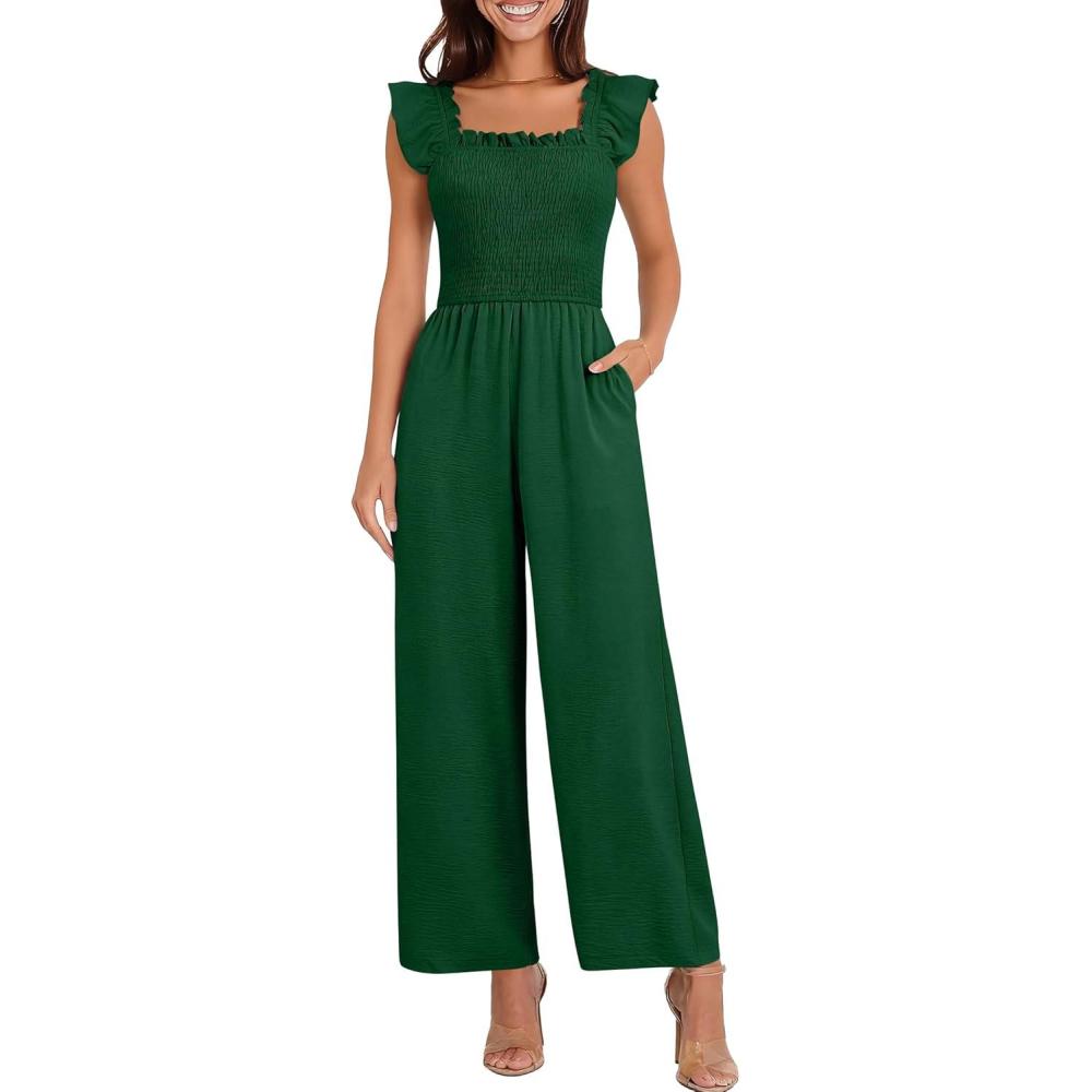 imageCaracilia Jumpsuits for Women Dressy Casual Smocked Ruffle Cap Sleeve Rompers 2026 One Piece Summer Outfits with PocketsForest Green