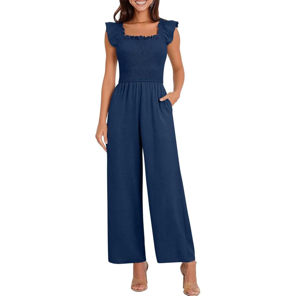 imageCaracilia Jumpsuits for Women Dressy Casual Smocked Ruffle Cap Sleeve Rompers 2026 One Piece Summer Outfits with PocketsNavy Blue