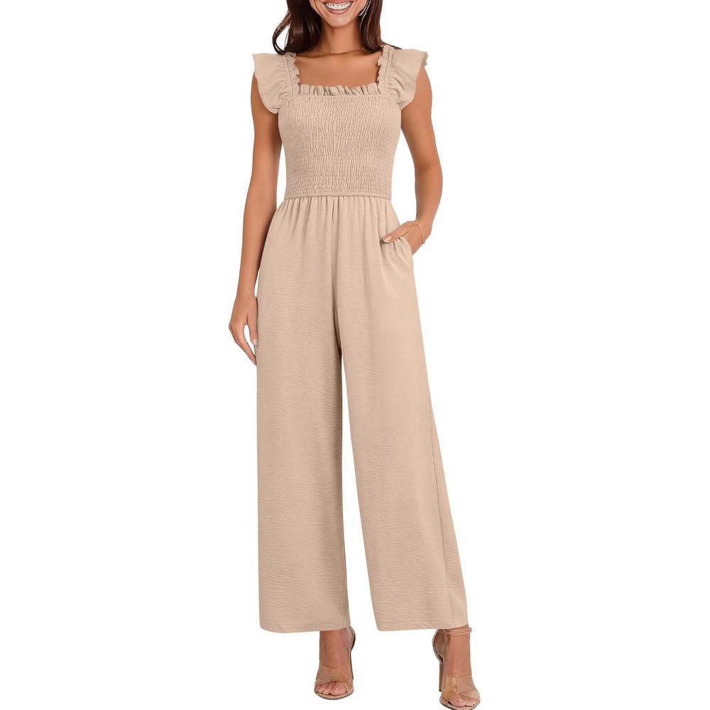 imageCaracilia Jumpsuits for Women Dressy Casual Smocked Ruffle Cap Sleeve Rompers 2026 One Piece Summer Outfits with PocketsParchment